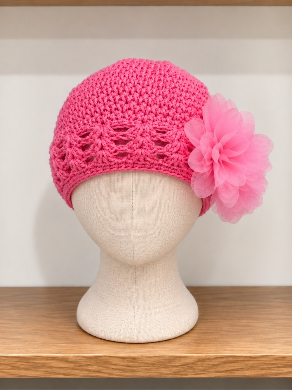 Pink Crochet Flower Beanie for Kids